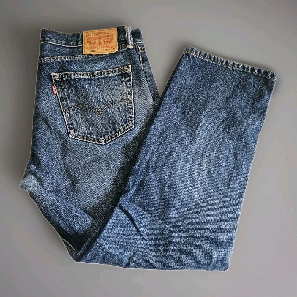 Levis‎ 505 Jeans Mens Size 34X29 Medium Wash Straight Leg Denim Distressed